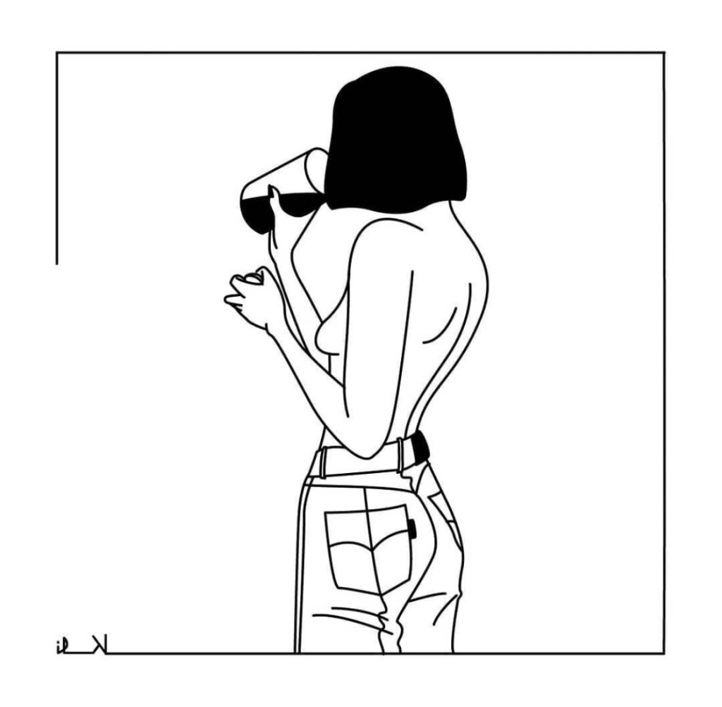 Naked woman drinking. Digital artwork. Black and white