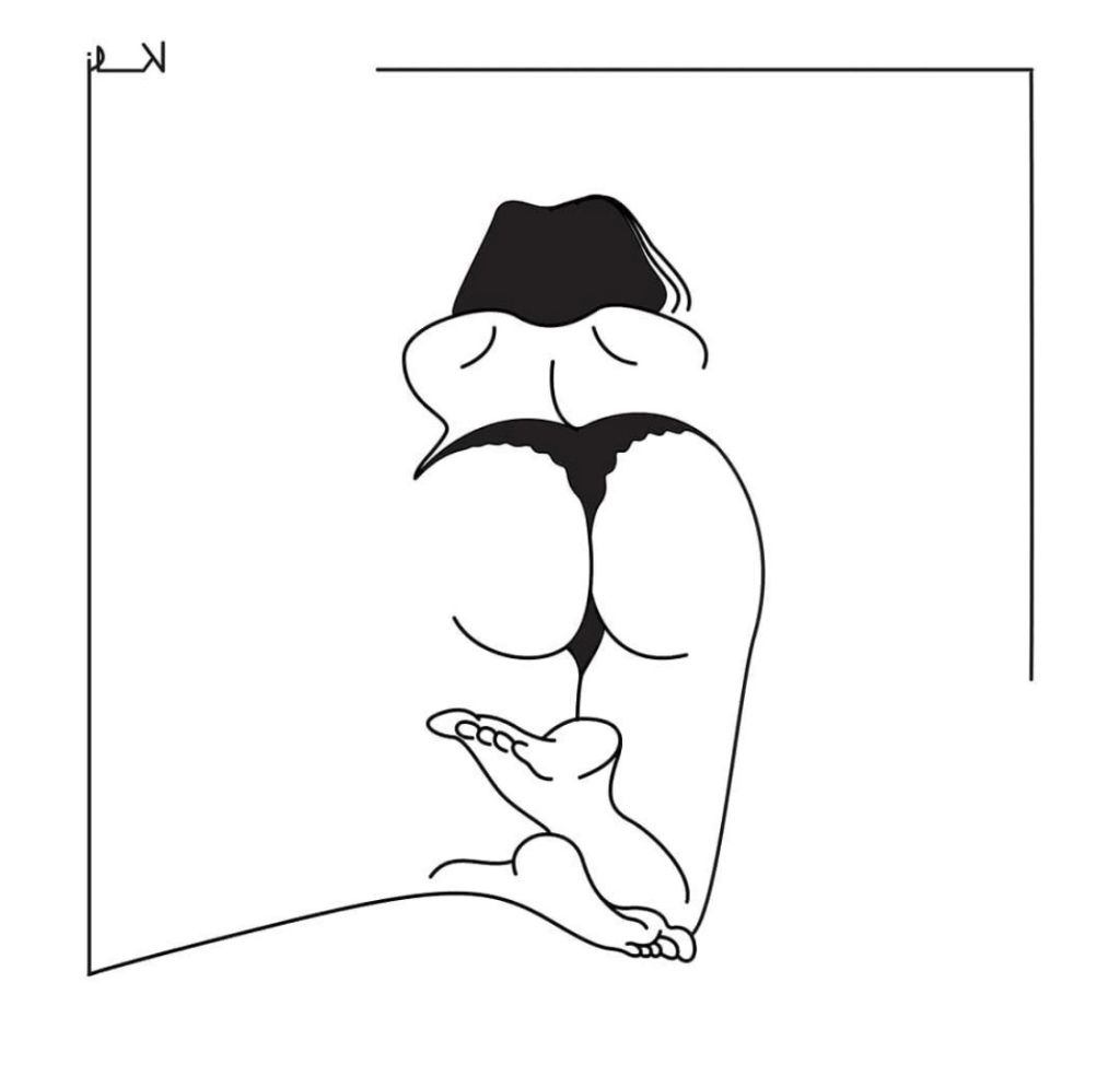 Naked woman in panties. Digital artwork. Black and white